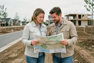 Couple examinant un plan de terrain vierge dans une zone résidentielle en développement pour l'achat d'une maison neuve