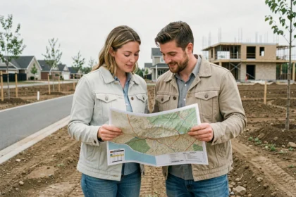 Couple examinant un plan de terrain vierge dans une zone résidentielle en développement pour l'achat d'une maison neuve