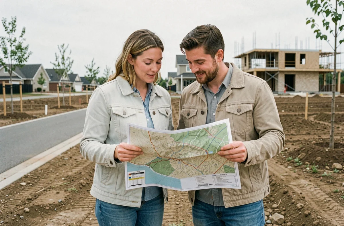 Couple examinant un plan de terrain vierge dans une zone résidentielle en développement pour l'achat d'une maison neuve
