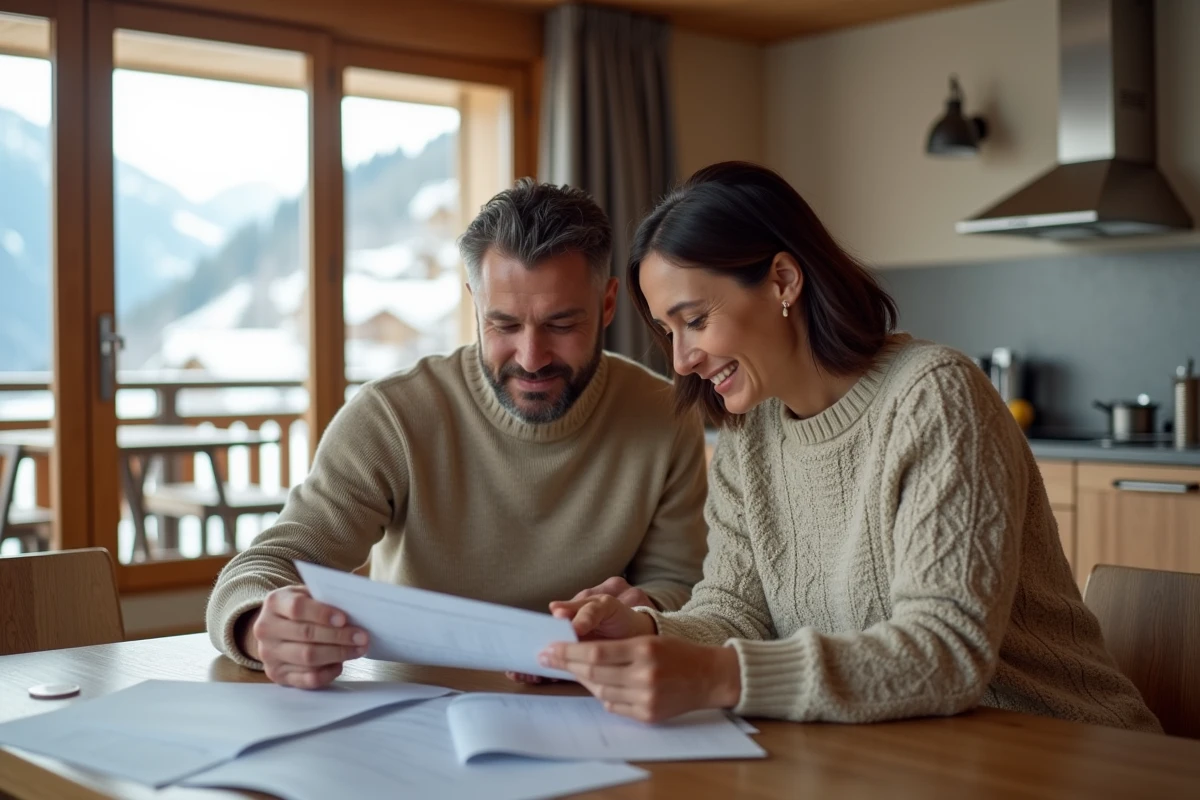 Couple comparant des documents d'investissement dans un appartement Pierre et Vacances meublé avec vue sur la montagne