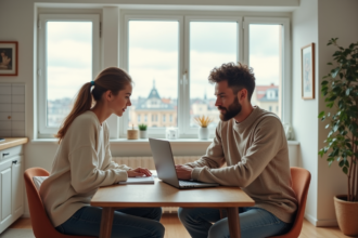 Jeune couple dans une cuisine moderne et lumineuse