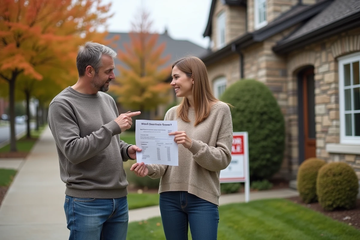 Couple discutant d'une estimation immobilière devant une maison à vendre