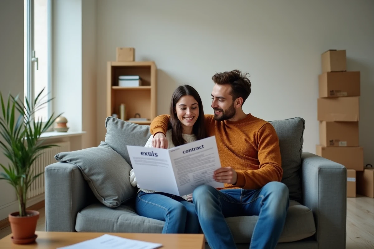 Couple étudiant un contrat EDF de l'ancien propriétaire dans leur nouveau logement