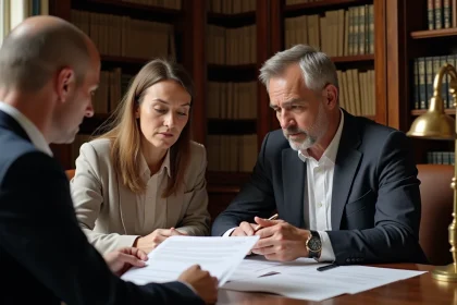 Un couple examine les frais de négociation avec un notaire dans un bureau traditionnel