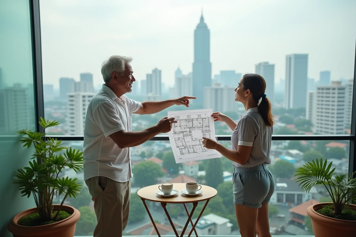 Couple français sur le balcon d'un condominium en Thaïlande discutant d'un investissement immobilier