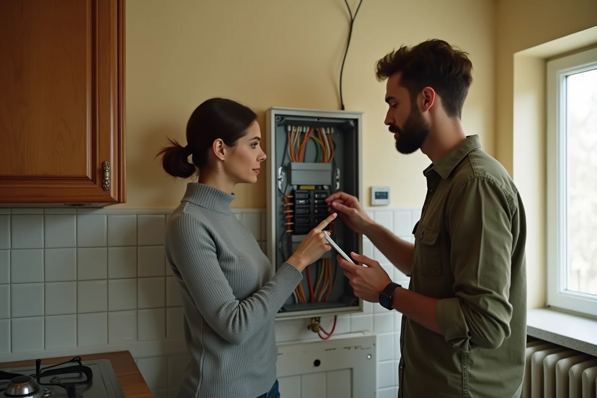 Couple inspectant le tableau électrique d'un appartement T2 lors d'une visite avant achat immobilier