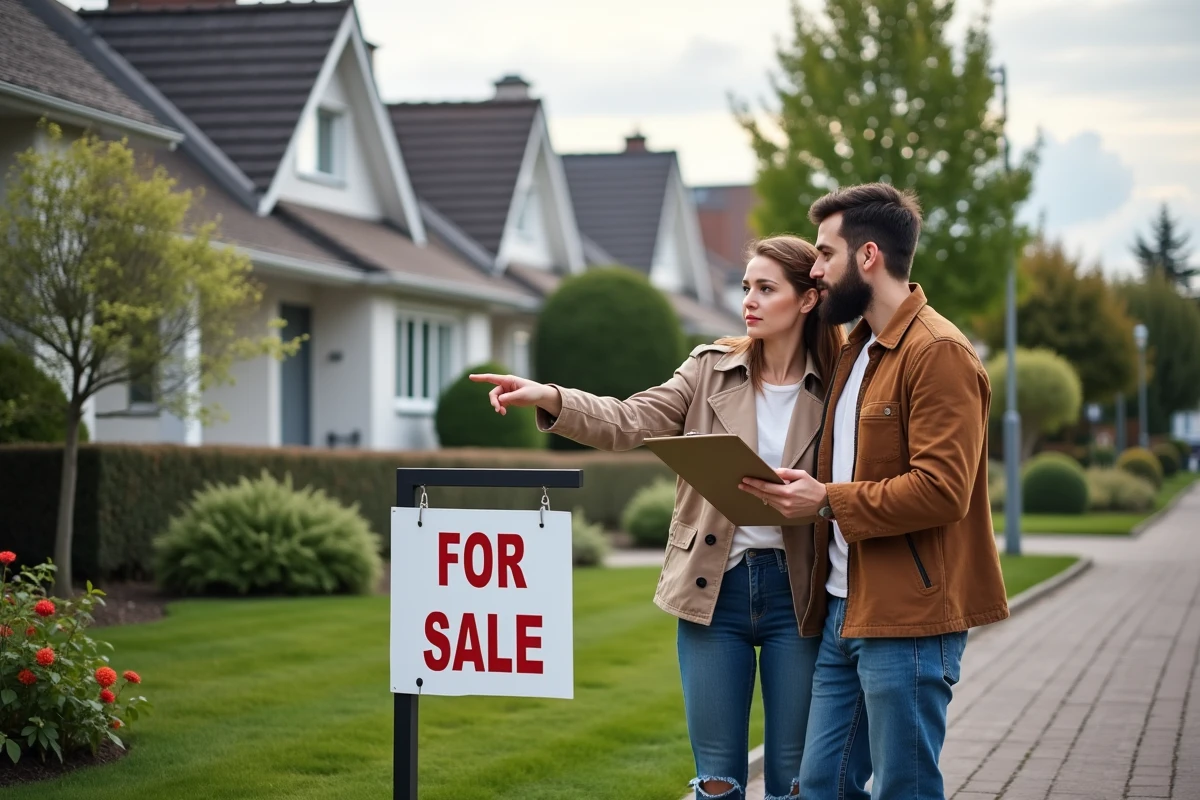 Jeune couple examine un panneau immobilier devant une maison de banlieue