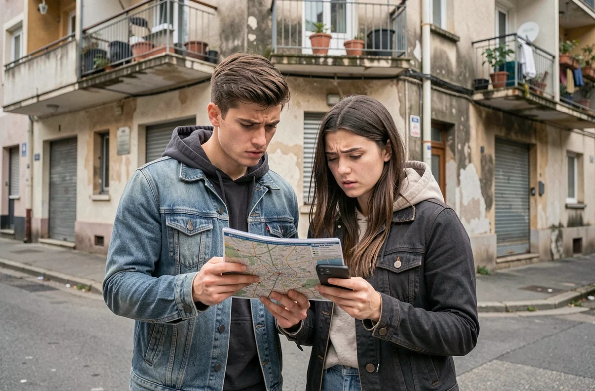 Couple de jeunes parents hésitants consultant leur téléphone dans un quartier dégradé de Blois