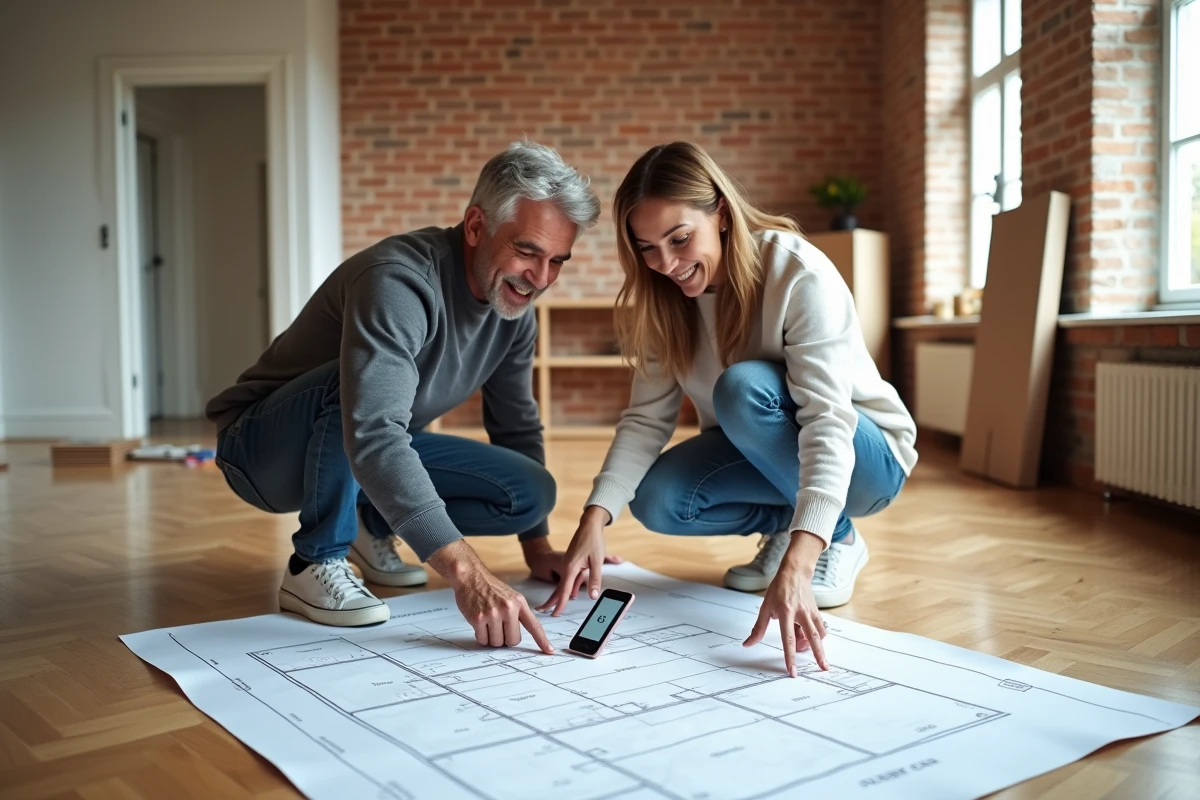 Couple consultant un plan d'appartement et une application de calcul de mètres carrés lors d'un projet d'aménagement intérieur