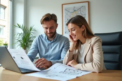 Jeune couple primo-accédant en train d'examiner des documents immobiliers dans un bureau de notaire à Toulouse pour comprendre le dispositif PSLA