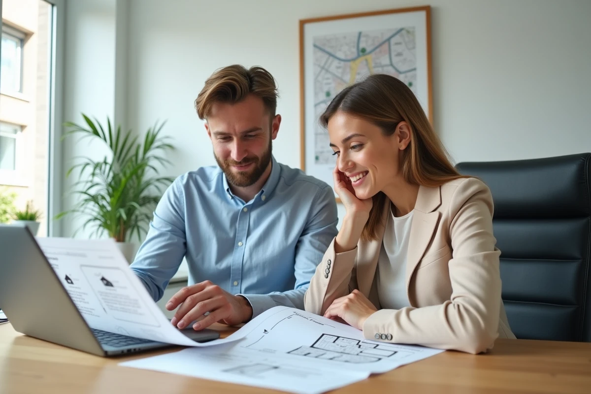 Jeune couple primo-accédant en train d'examiner des documents immobiliers dans un bureau de notaire à Toulouse pour comprendre le dispositif PSLA