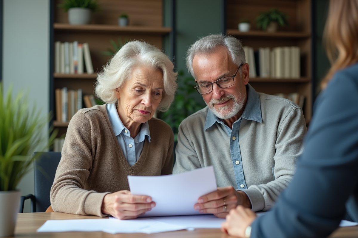 Couple senior examinant des documents de prêt au bureau