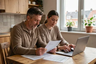 Couple étudiant leur simulateur de surloyer SLS à la table de la cuisine avec des documents financiers et un ordinateur portable