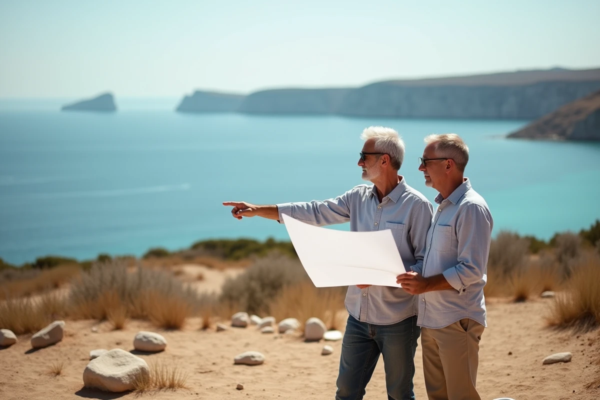 Couple examinant des plans sur un terrain côtier non constructible avec vue sur la mer Méditerranée