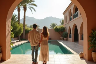 Jeune couple marocain devant une villa traditionnelle