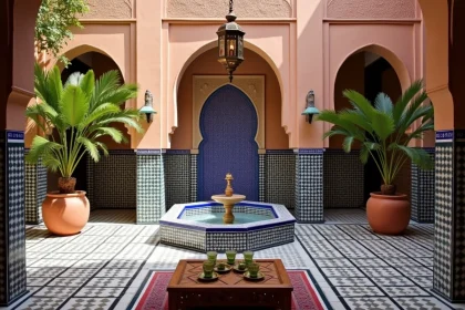 Cour intérieure d'un riad traditionnel de Marrakech avec fontaine en zellige et arches en stuc sculpté, aménagée en location de luxe