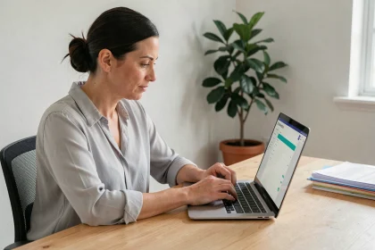 Femme remplissant une demande de logement social en ligne sur son ordinateur portable à domicile
