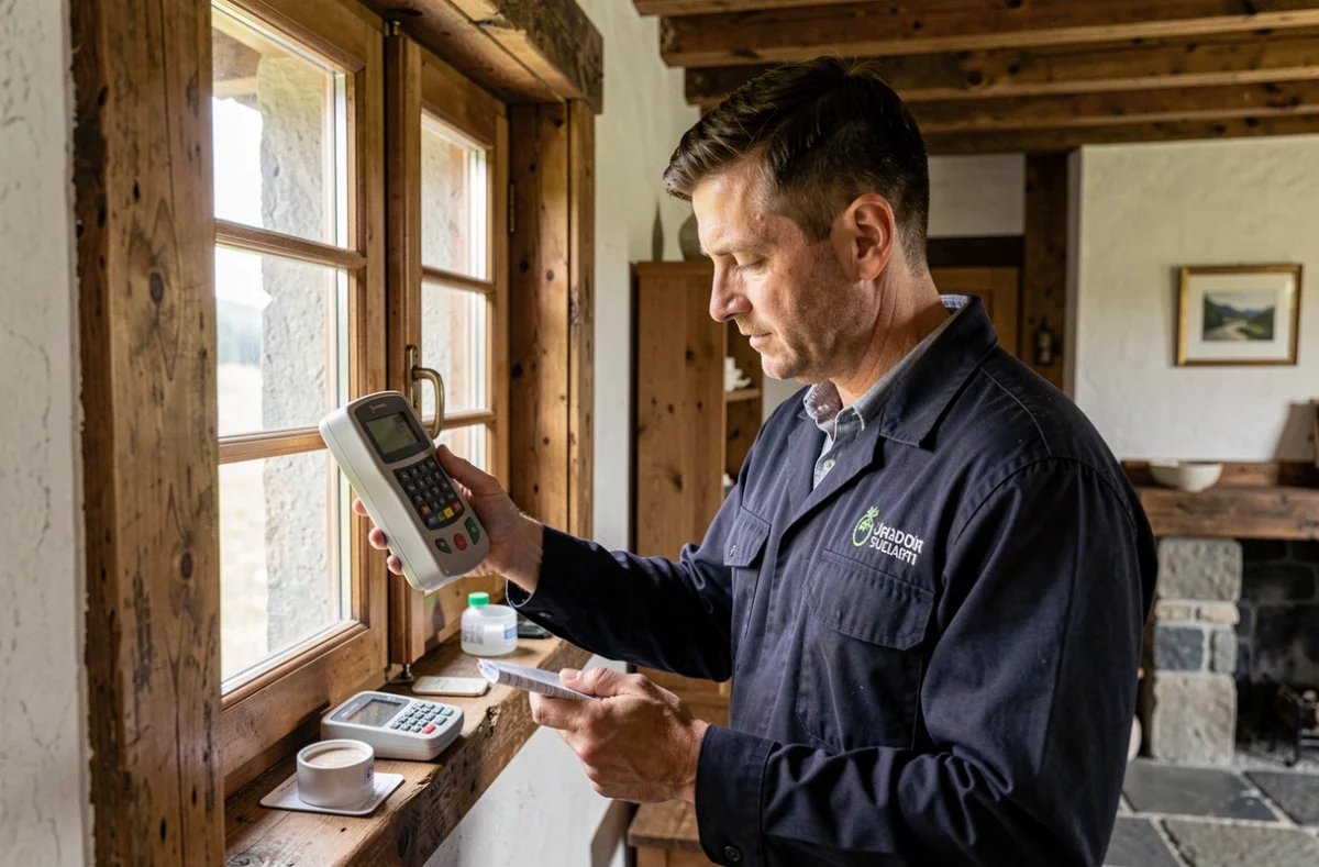 Diagnostiqueur immobilier effectuant un test de plomb sur une fenêtre dans une ferme du Jura