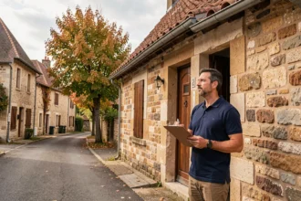 Diagnostiqueur immobilier professionnel devant une maison en pierre typique de Bourgogne-Franche-Comté