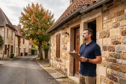 Diagnostiqueur immobilier professionnel devant une maison en pierre typique de Bourgogne-Franche-Comté