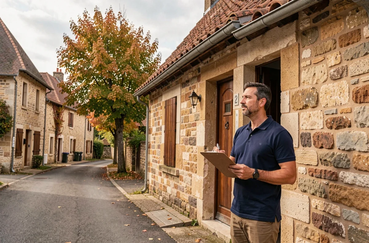 Diagnostiqueur immobilier professionnel devant une maison en pierre typique de Bourgogne-Franche-Comté