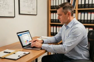Diagnostiqueur immobilier indépendant utilisant un logiciel spécialisé sur ordinateur portable dans son bureau professionnel