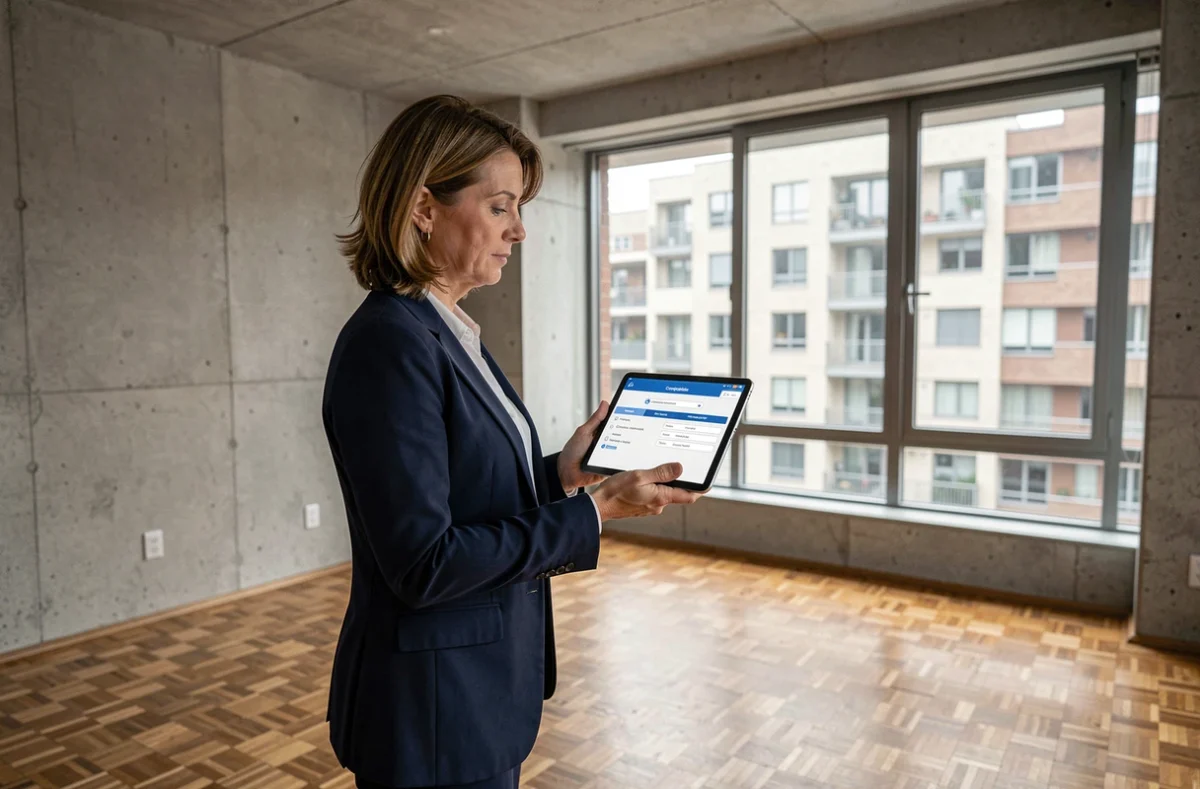 Diagnostiqueure immobilière réalisant un diagnostic sur tablette avec logiciel métier lors d'une visite d'appartement vide