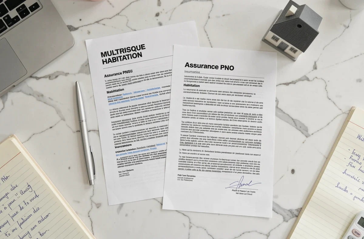 Vue aérienne de documents d'assurance PNO et multirisque habitation posés sur un bureau en marbre avec une calculatrice et une maison miniature