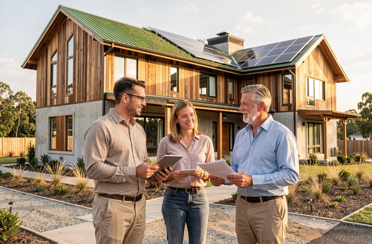 Équipe immobilière discutant d'un projet de bâtiment durable certifié RSE devant un immeuble résidentiel écologique