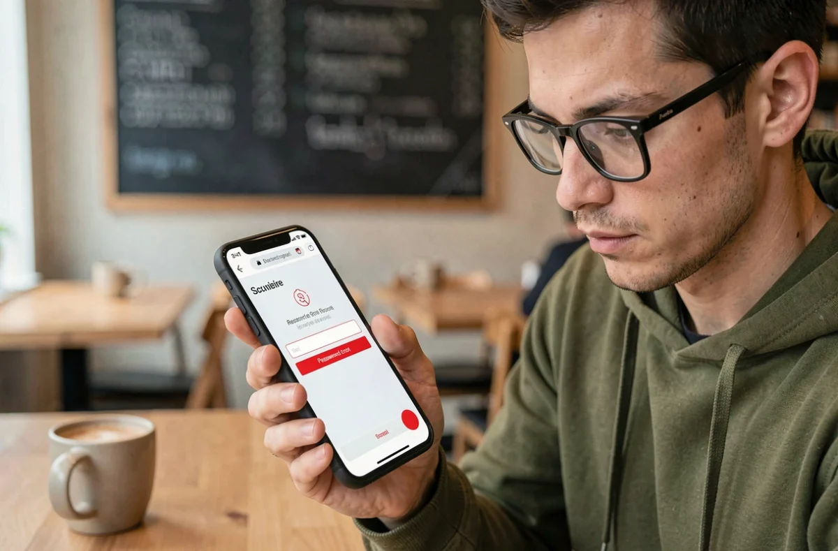 Jeune homme consultant son smartphone dans un café pour résoudre une erreur de connexion sur un site web sécurisé