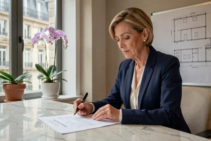 Agente immobilière de prestige analysant un rapport d'estimation dans un bureau haut de gamme avec vue sur un immeuble haussmannien