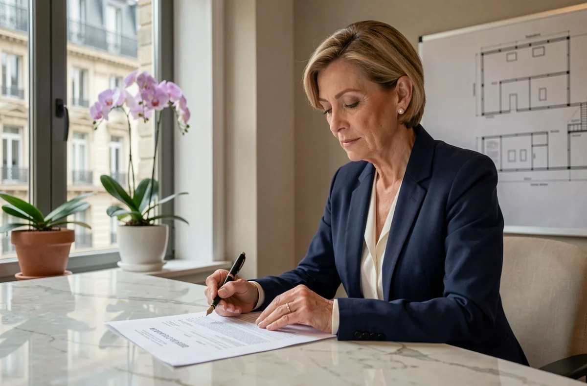 Agente immobilière de prestige analysant un rapport d'estimation dans un bureau haut de gamme avec vue sur un immeuble haussmannien