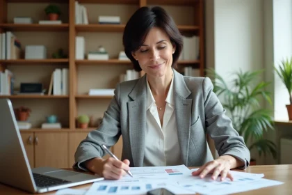 Femme consultant une estimation immobilière gratuite sur ordinateur avant une négociation