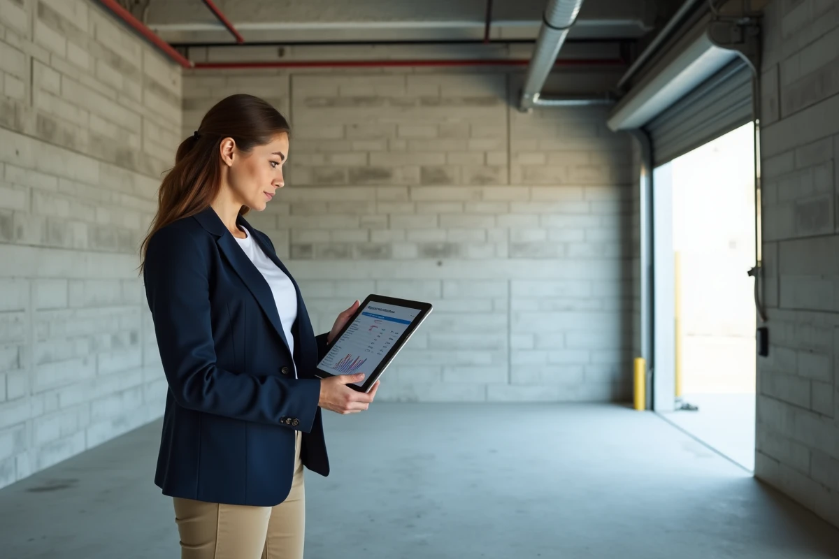 Femme évaluant le coût au m2 d'un garage en construction, tenant une tablette avec une estimation de prix dans un espace béton brut