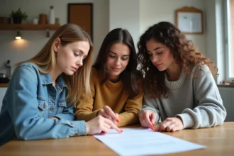 Trois étudiants en réunion pour un contrat dans un appartement