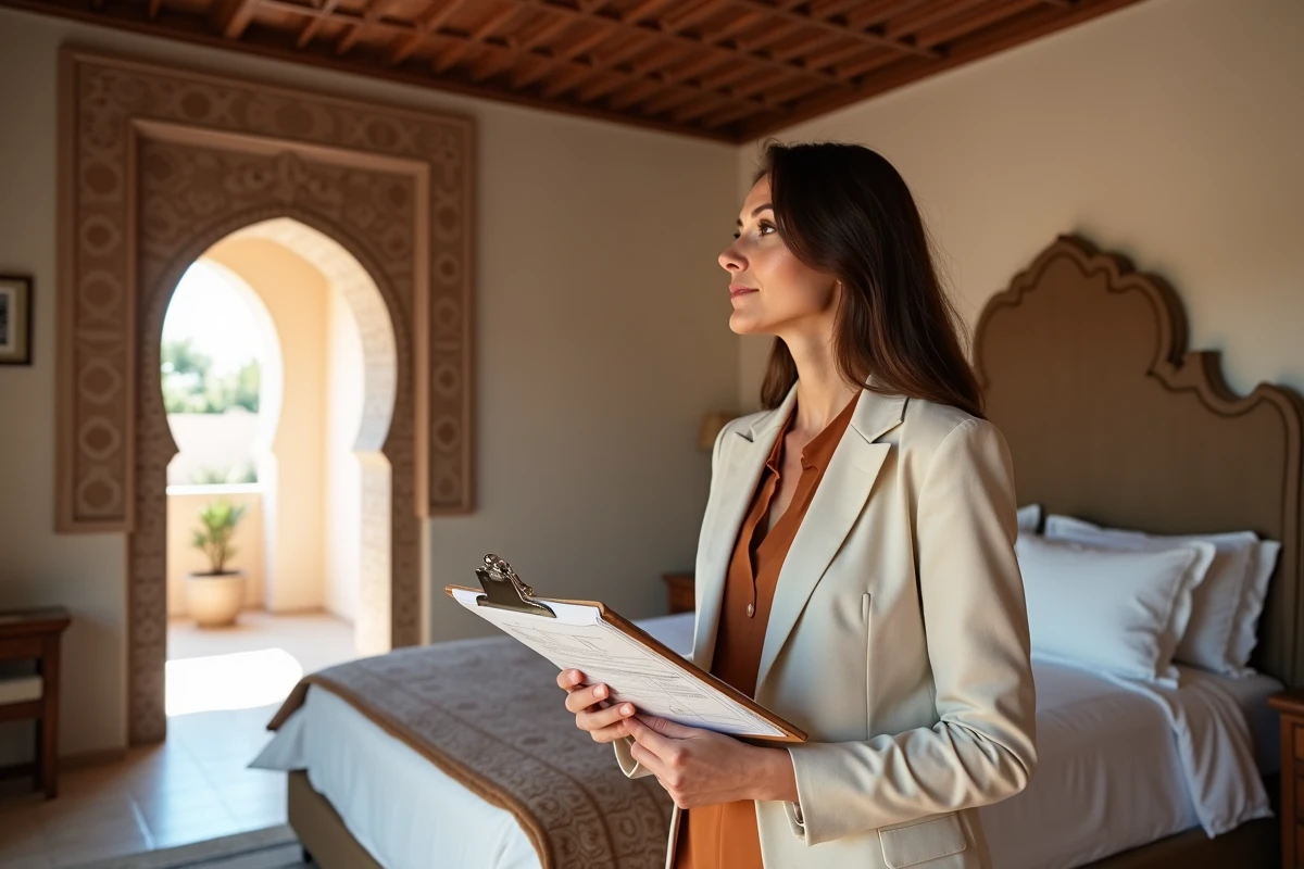 Professionnelle de l'immobilier évaluant le potentiel locatif d'un riad à vendre à Marrakech dans une chambre traditionnelle