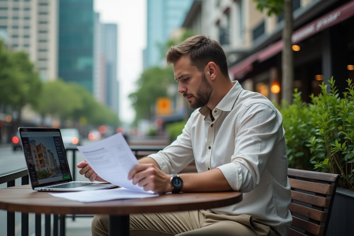 Expatrié européen consultant des documents de location saisonnière pour un condo à Bangkok dans un café en terrasse du quartier Silom avec vue sur l'architecture urbaine thaïlandaise