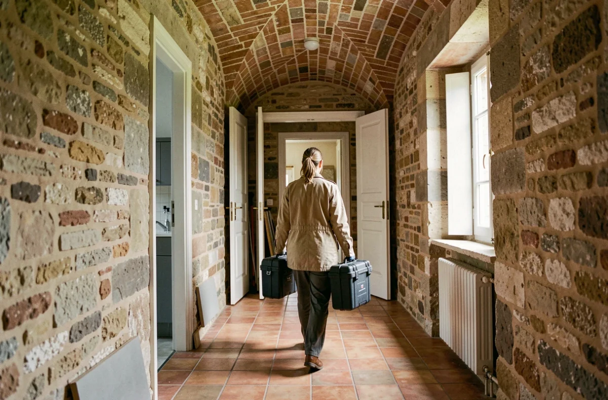 Diagnostiqueure immobilière en visite dans une maison ancienne de l'Yonne