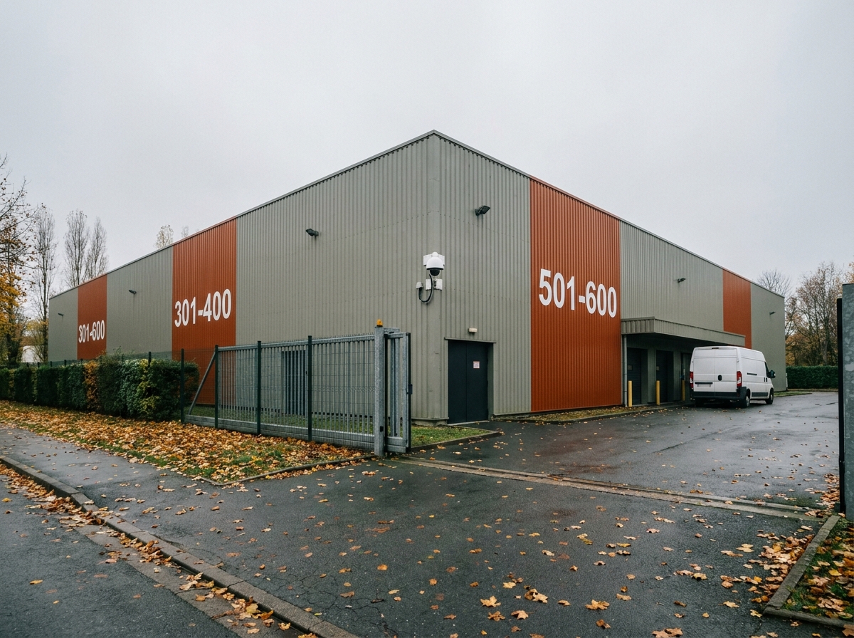 Façade extérieure d'un garde-meuble moderne en périphérie de Lille en automne