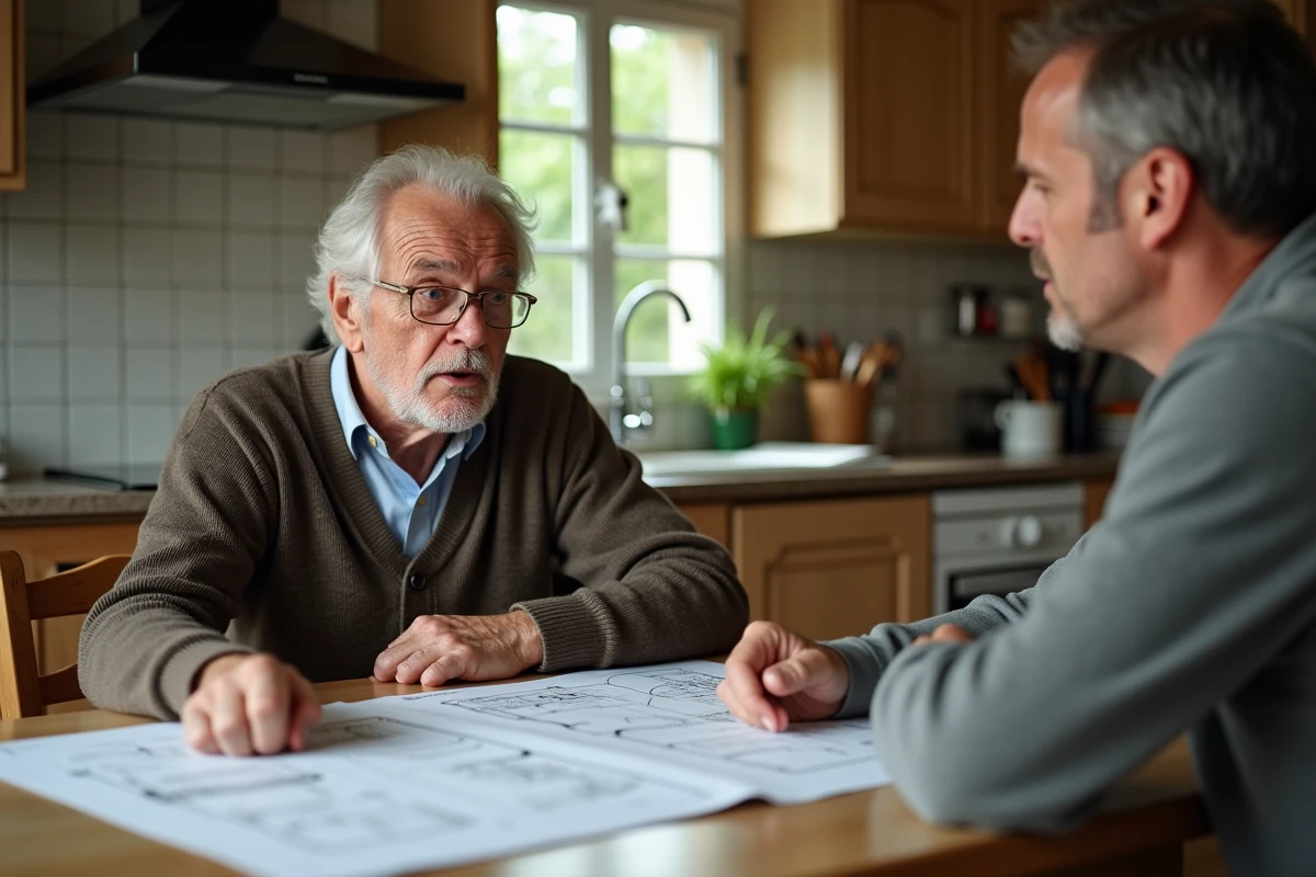 Père âgé et fils adulte discutant d'une succession en indivision autour d'un plan immobilier