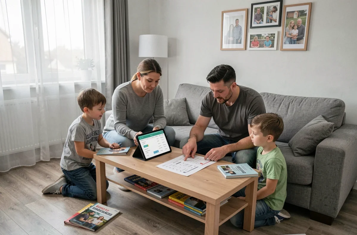 Famille avec enfants évaluant le calcul du surloyer SLS dans leur logement social avec une tablette et des documents imprimés