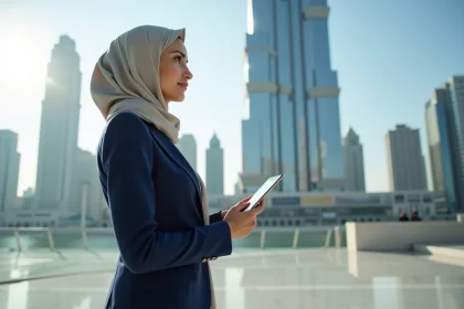 Femme d'affaires confiante devant la tour Almas à Dubai