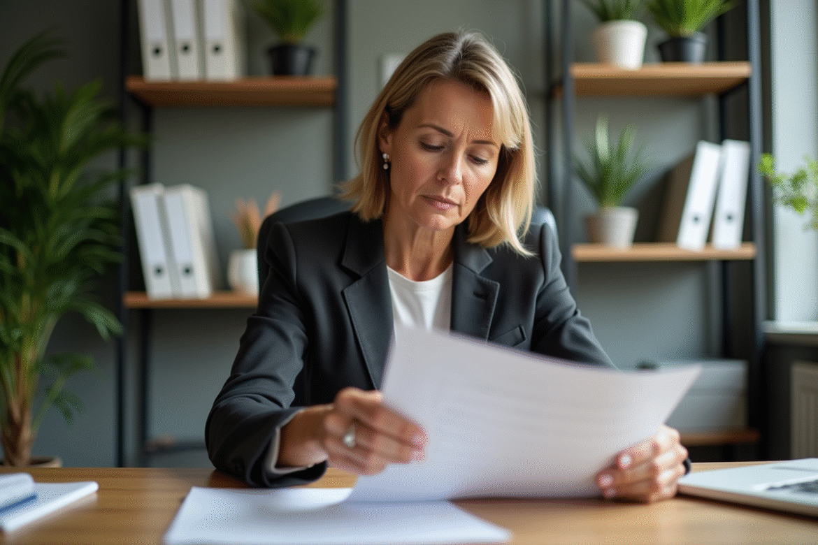Femme d affaires lisant des documents dans un bureau moderne