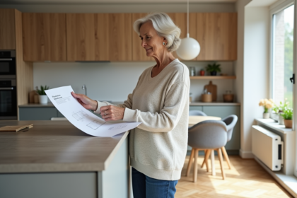 Femme d'âge moyen tenant un plan dans une cuisine lumineuse