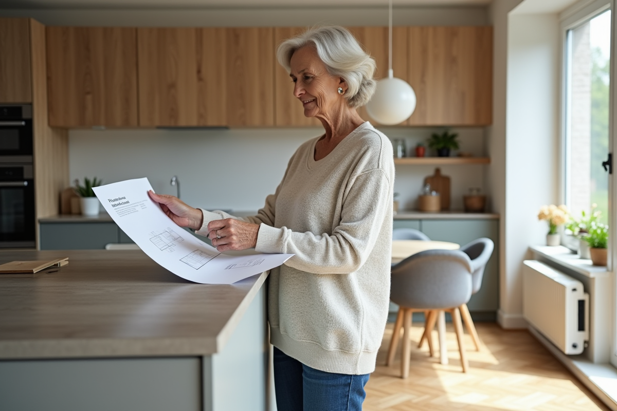 Femme d'âge moyen tenant un plan dans une cuisine lumineuse