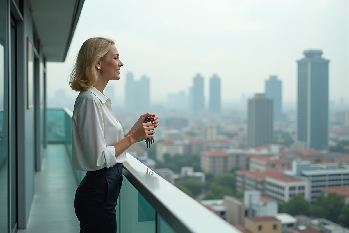 Femme avec clés sur le balcon d un immeuble urbain