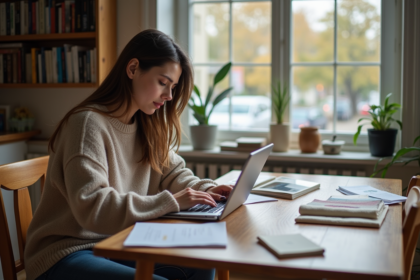 Jeune femme regardant des meubles sur une tablette dans son appartement