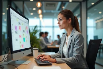 Femme cadre utilisant un logiciel de planification d'équipe SYPLO sur son ordinateur dans un bureau moderne