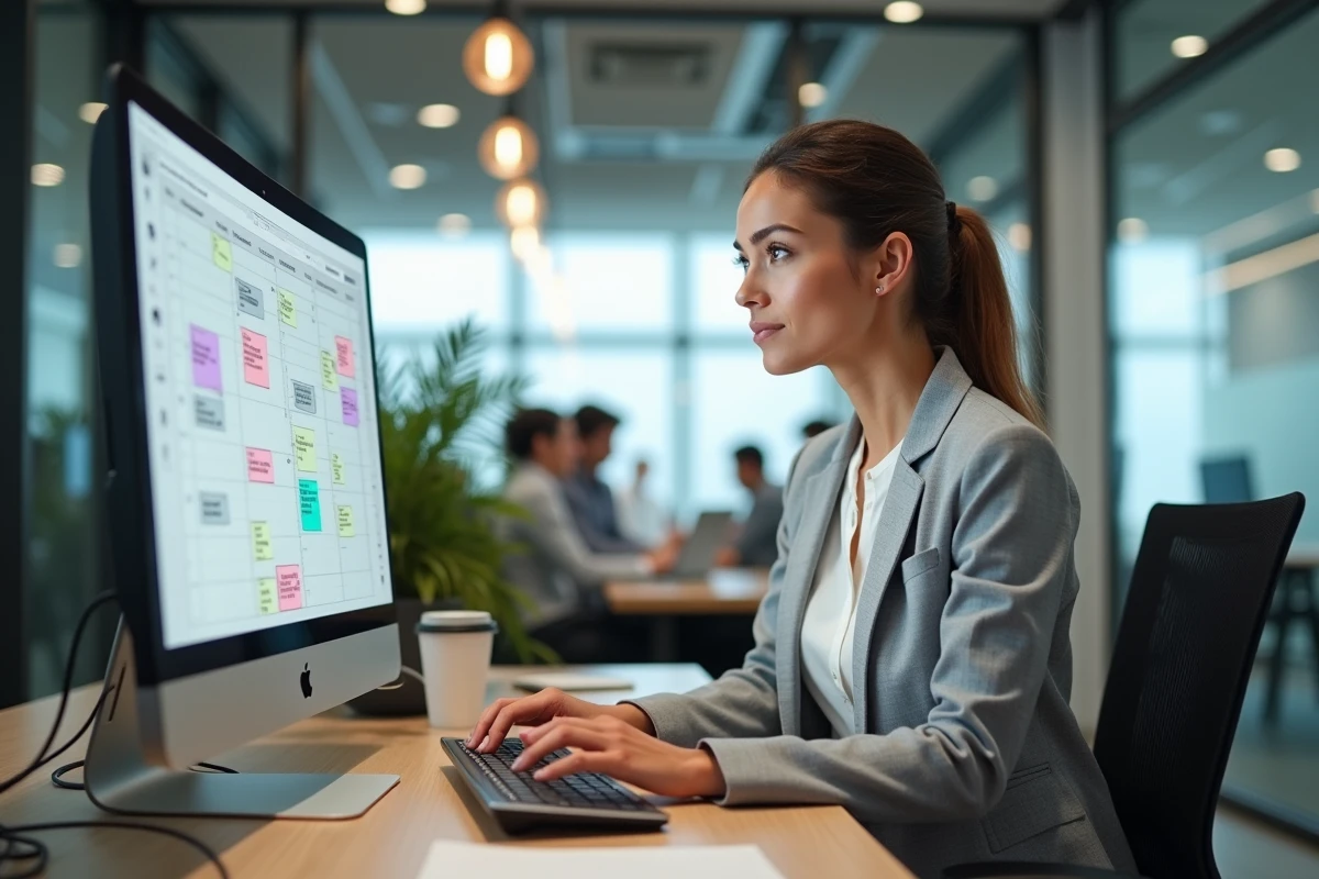 Femme cadre utilisant un logiciel de planification d'équipe SYPLO sur son ordinateur dans un bureau moderne