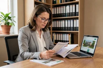 Femme consultant un annuaire de copropriétés imprimé et un site immobilier sur ordinateur portable dans un bureau à domicile